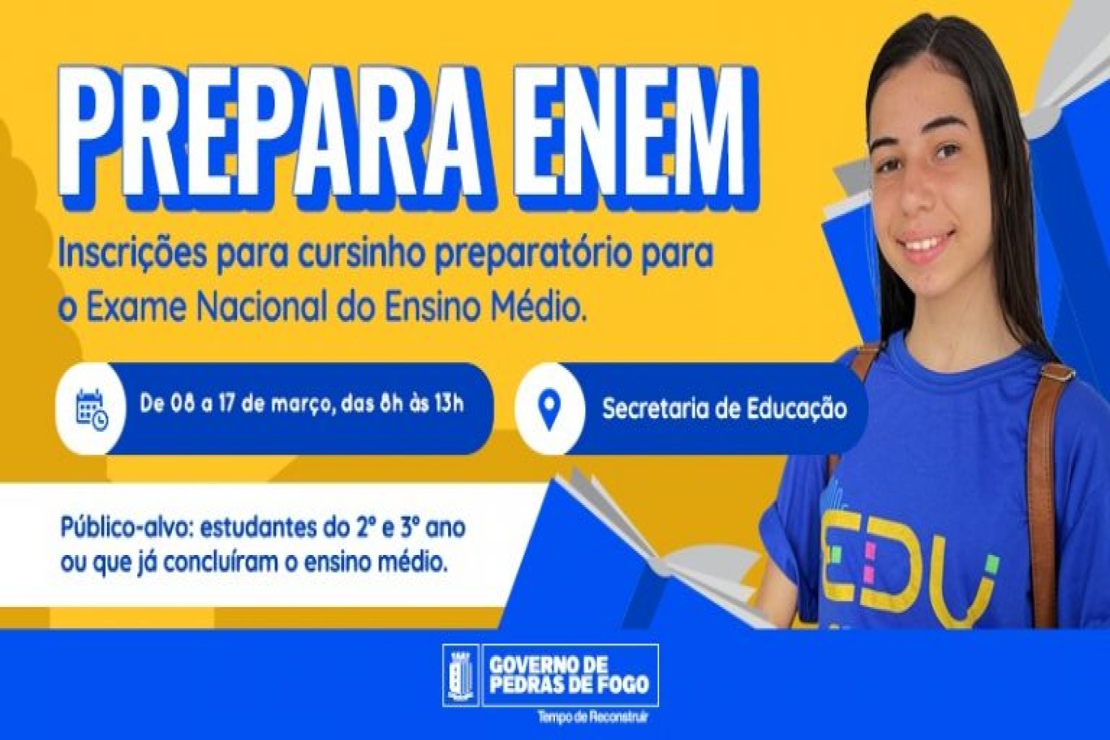 Prefeitura de Pedras de Fogo abre seleção gratuita para Cursinho Preparatório do ENEM
