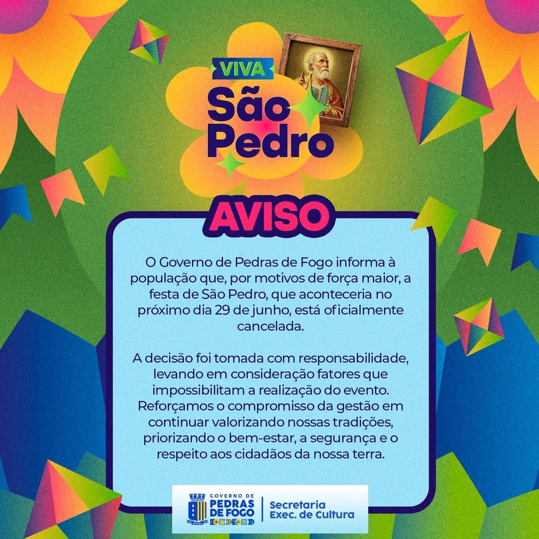 Imagem ilustrativa: Governo de Pedras de Fogo cancela Festa de São Pedro por motivo de força maior