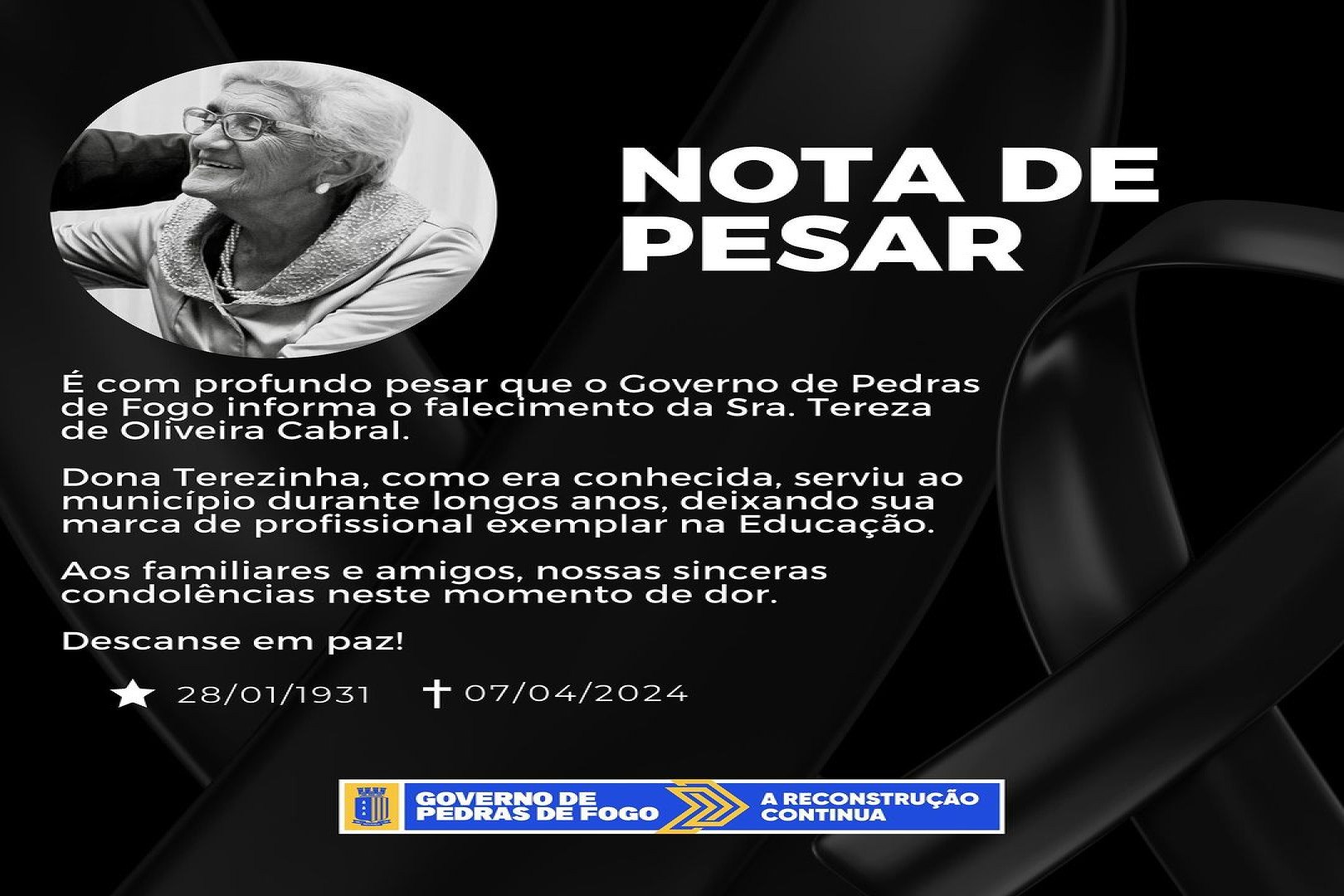 PREFEITURA DE PEDRAS DE FOGO LAMENTA MORTE DA SENHORA TEREZA DE OLIVEIRA CABRAL, GRANDE NOME DA EDUCAÇÃO LOCAL